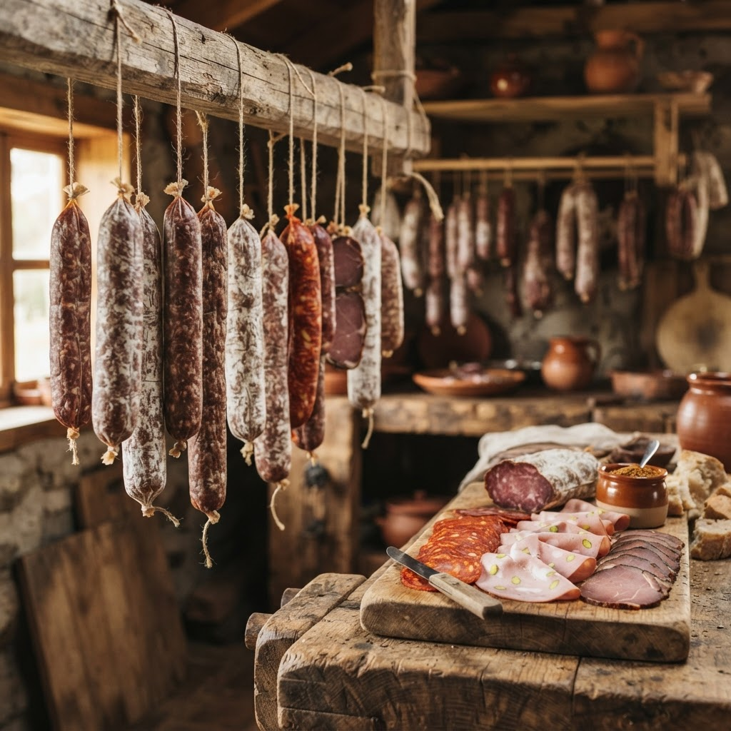 Cecinas artesanales colgadas y tabla de productos en el sur de Chile